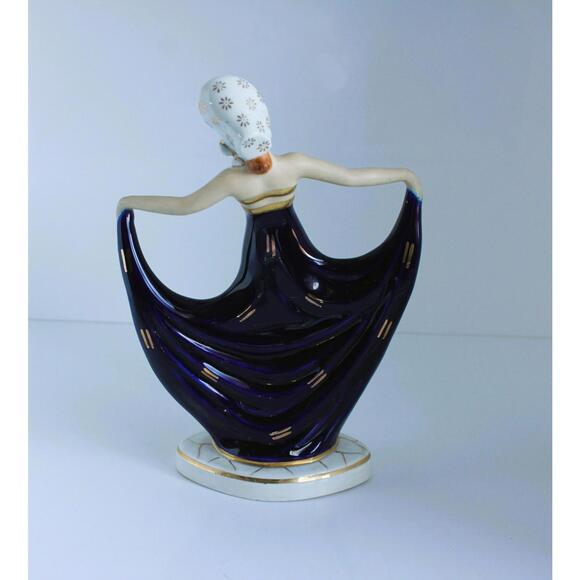 Art Deco Moriyama Dancing Lady Figure Bonnet Cobalt Blue Porcelain Hinode Japan - Picture 8 of 15